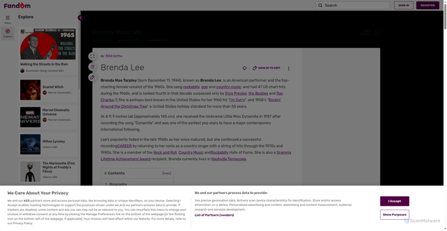 Security scan screenshot of https://country-music.fandom.com/wiki/Brenda_Lee