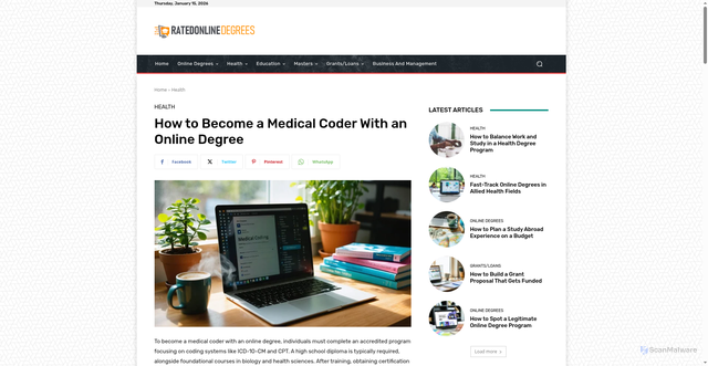 Security scan screenshot of https://ratedonlinedegrees.com/how-to-become-a-medical-coder-online/