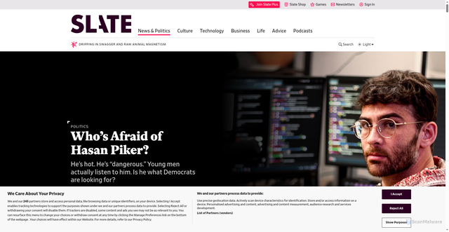 Security scan screenshot of https://slate.com/news-and-politics/2025/02/hasan-piker-donald-trump-news-elon-musk-jd-vance.html