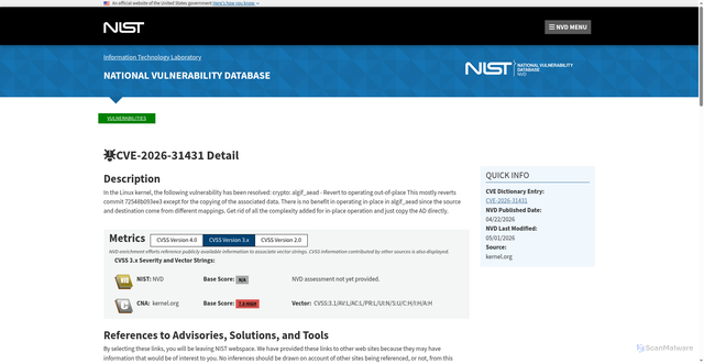 Security scan screenshot of https://nvd.nist.gov/vuln/detail/CVE-2026-31431