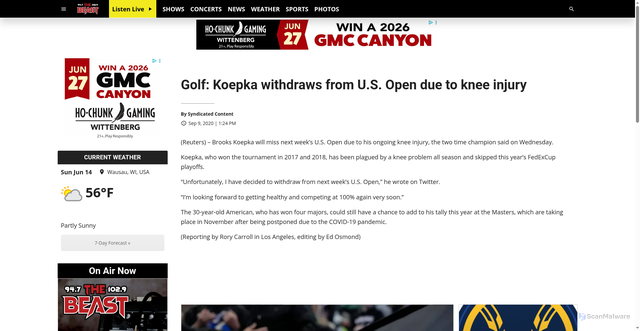 Security scan screenshot of https://947thebeast.com/2020/09/09/golf-koepka-withdraws-from-u-s-open-due-to-knee-injury/