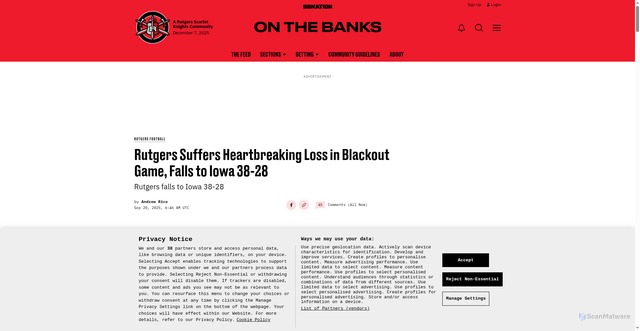 Security scan screenshot of https://www.onthebanks.com/rutgers-football/46523/rutgers-suffers-heartbreaking-loss-in-blackout-game-falls-to-iowa-38-28