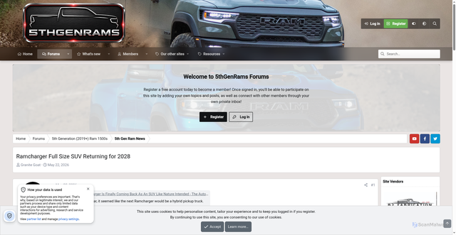 Security scan screenshot of https://5thgenrams.com/community/threads/ramcharger-full-size-suv-returning-for-2028.71531/
