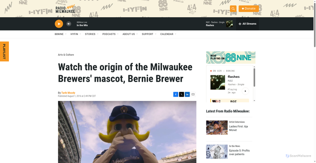 Security scan screenshot of https://radiomilwaukee.org/stories/arts-culture/2016-08-01/watch-origin-bernie-brewer-mascot