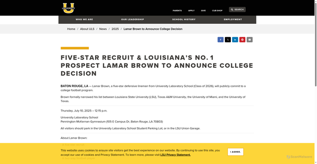 Security scan screenshot of https://www.uhigh.lsu.edu/about-uls/news/2025/2025-lamar-brown-college-football-decidion.html