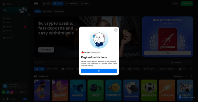 Security scan screenshot of https://1wegnp.com/casino/list?open=register&p=7kxi&sub2=iplbettingonline.in&sub1=15v7d3qm730k