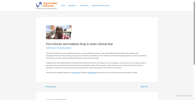 Security scan screenshot of https://ubuntunet.net/research/health/first-african-anti-malaria-drug-to-enter-clinical-trial/