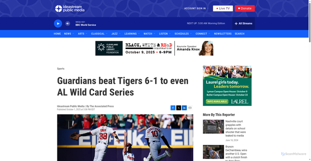 Security scan screenshot of https://www.ideastream.org/sports/2025-10-01/guardians-beat-tigers-6-1-to-even-al-wild-card-series