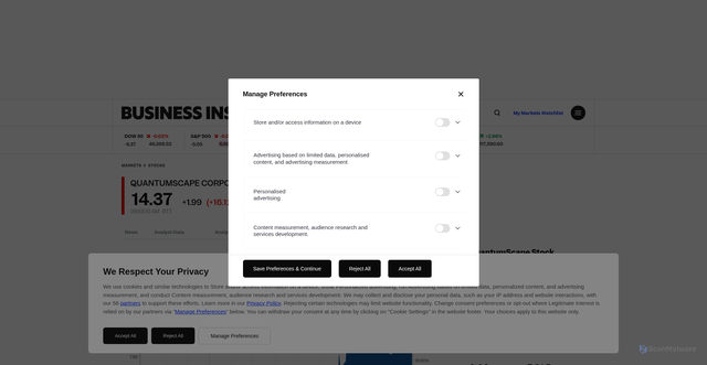 Security scan screenshot of https://markets.businessinsider.com/stocks/qs-stock