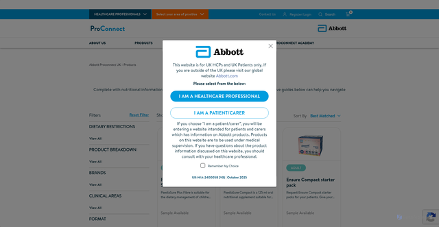 Security scan screenshot of https://www.proconnect.abbott/uk/en/home/products.html