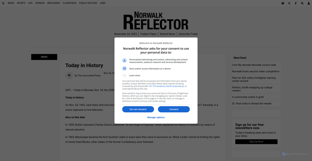 Security scan screenshot of https://norwalkreflector.com/news/674590/today-in-history/