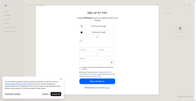Security scan screenshot of https://www.dropbox.com/scl/fi/4d4iqf5j2obvp5c2dgz9e/AT-T.paper
