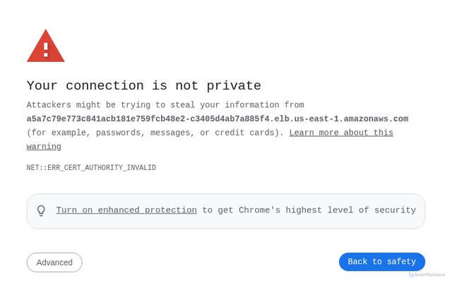 Security scan screenshot of https://a5a7c79e773c841acb181e759fcb48e2-c3405d4ab7a885f4.elb.us-east-1.amazonaws.com
