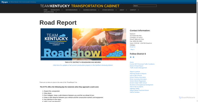 Security scan screenshot of https://transportation.ky.gov/DistrictSix/Pages/Road-Report.aspx
