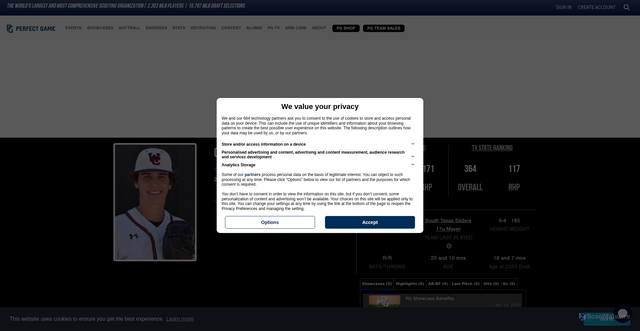 Security scan screenshot of https://www.perfectgame.org/players/playerprofile.aspx?ID=590998