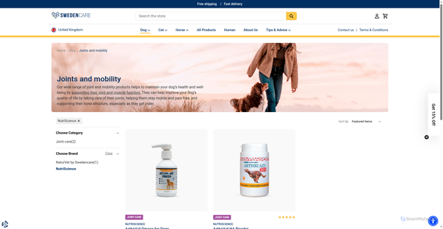 Security scan screenshot of https://uk.swedencare.com/dog/joints-and-mobility/?_bc_fsnf=1&Choose+brand=NutriScience