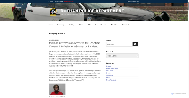 Security scan screenshot of https://www.dothanpd.org/news/arrests/