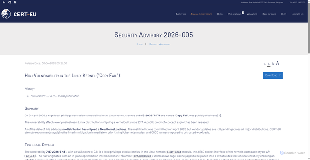 Security scan screenshot of https://cert.europa.eu/publications/security-advisories/2026-005/