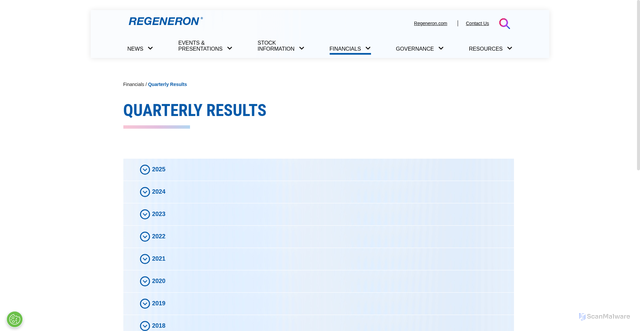 Security scan screenshot of https://newsroom.regeneron.com/financials/quarterly-results