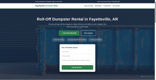 Security scan screenshot of fayettevilledumpsterpros.pages.dev