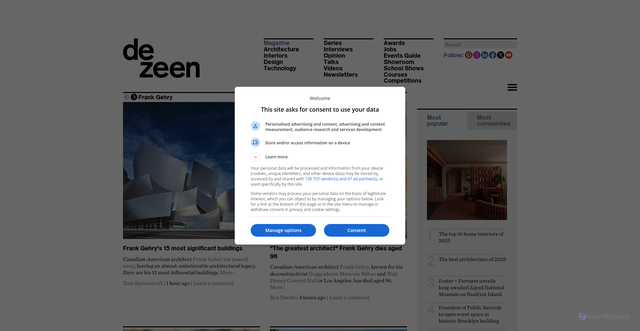 Security scan screenshot of https://www.dezeen.com/tag/frank-gehry/