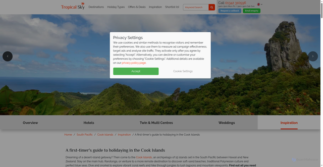 Security scan screenshot of https://www.tropicalsky.co.uk/south-pacific-holidays/cook-islands/a-first-timer-s-guide-to-holidaying-in-the-cook-islands