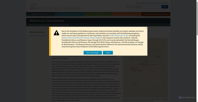 Security scan screenshot of https://www.archives.gov/milestone-documents/press-release-announcing-us-recognition-of-israel