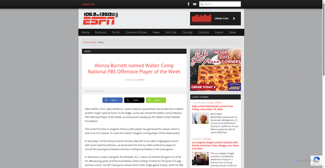 Security scan screenshot of https://espnharrisonburg.com/news/218812-alonza-barnett-named-walter-camp-national-fbs-offensive-player-of-the-week/