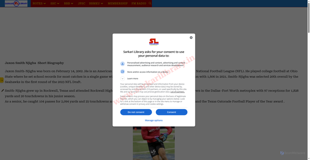 Security scan screenshot of https://www.sarkarilibrary.in/jaxon-smith-njigba-biography-and-family-members/