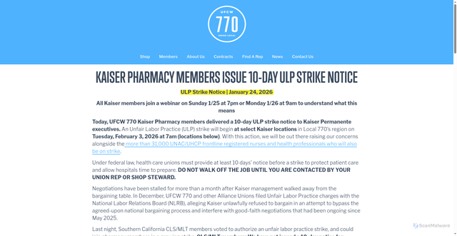 Security scan screenshot of https://www.ufcw770.org/news-internal/kp-update-1242026