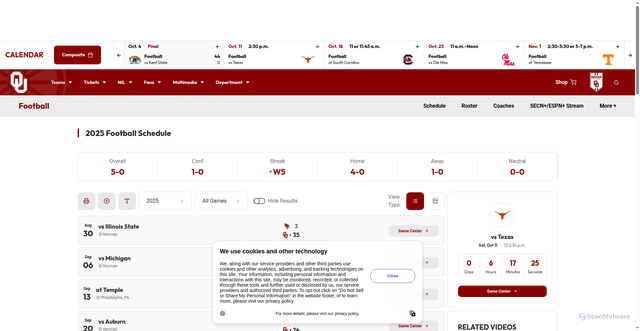 Security scan screenshot of https://soonersports.com/sports/football/schedule
