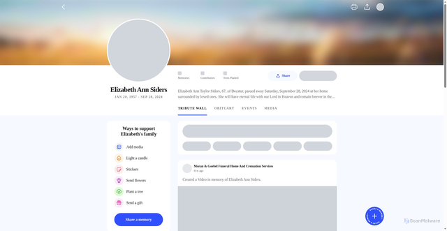 Security scan screenshot of https://www.moranandgoebel.com/obituaries/elizabeth-siders-2