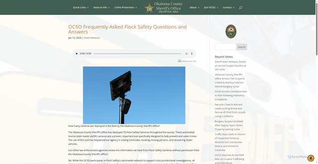 Security scan screenshot of https://www.sheriff-okaloosa.org/ocso-frequently-asked-flock-safety-questions-and-answers/
