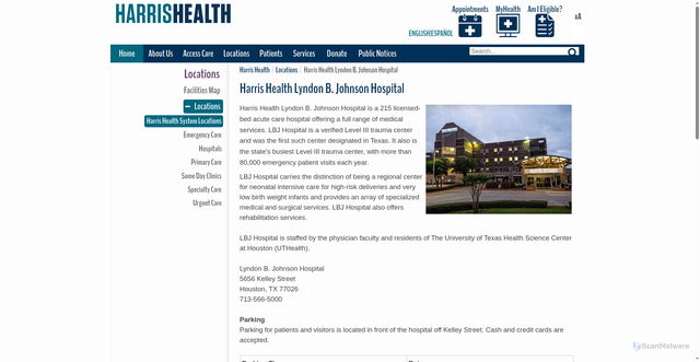 Security scan screenshot of https://www.harrishealth.org/locations-hh/Pages/lbj.aspx