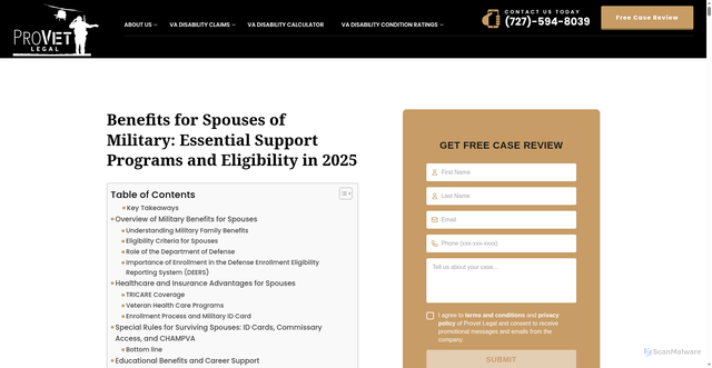 Security scan screenshot of https://provetlegal.com/benefits-for-spouses-of-military/
