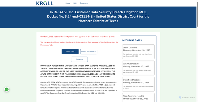 Security scan screenshot of https://www.telecomdatasettlement.com