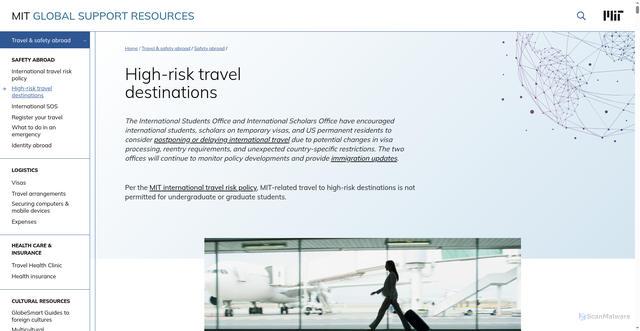 Security scan screenshot of https://globalsupport.mit.edu/travel-safety-abroad/safety-abroad/country-warning-levels/