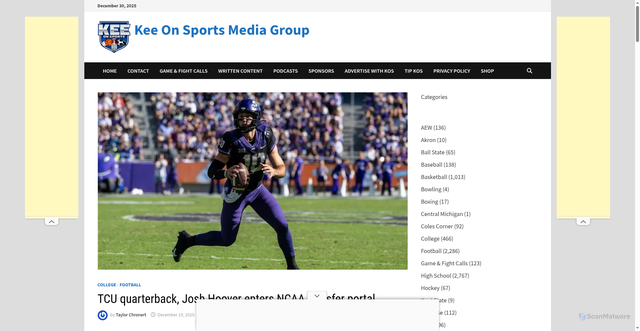 Security scan screenshot of https://keeonsports.com/tcu-quarterback-josh-hoover-enters-ncaa-transfer-portal/