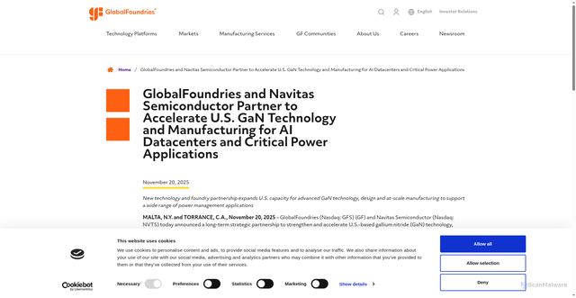 Security scan screenshot of https://gf.com/gf-press-release/globalfoundries-and-navitas-semiconductor-partner-to-accelerate-u-s-gan-technology-and-manufacturing-for-ai-datacenters-and-critical-power-applications/