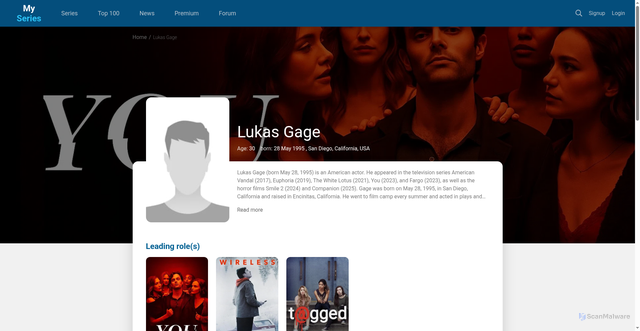 Security scan screenshot of https://www.myseries.tv/person/166990-lukas-gage/