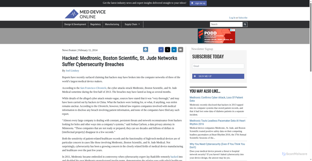 Security scan screenshot of https://www.meddeviceonline.com/doc/hacked-medtronic-boston-scientific-st-jude-networks-suffer-cybersecurity-breaches-0001