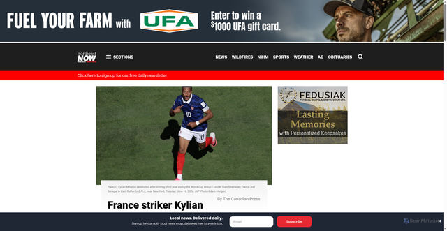 Security scan screenshot of https://northeastnow.com/2026/06/16/france-striker-kylian-mbappe-scores-his-13th-world-cup-goal-breaking-a-tie-with-pele/