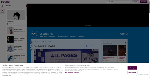 Security scan screenshot of https://vsbattles.fandom.com/wiki/AJ_Styles_(WWE)