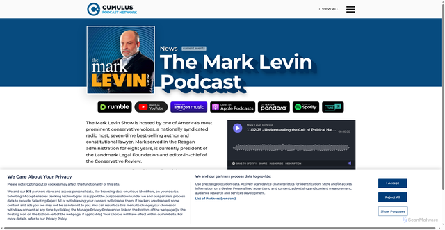 Security scan screenshot of https://cumuluspodcastnetwork.com/pods/the-mark-levin-podcast/