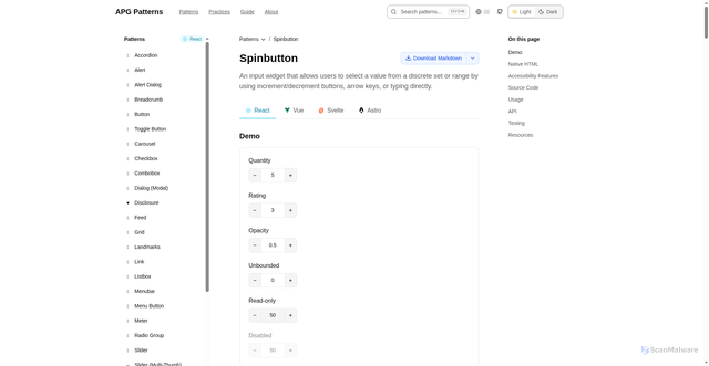 Security scan screenshot of https://apg-patterns-examples.pages.dev/patterns/spinbutton/react/