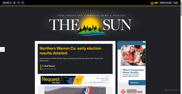 Security scan screenshot of https://suncommunitynews.com/news/122068/northern-warren-co-early-election-results-detailed/