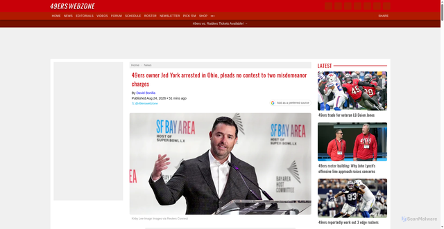 Security scan screenshot of https://www.49ersfootball.net/articles/202608-49ers-arrested-guilty-misdemeanor-charges/