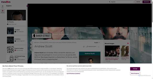Security scan screenshot of https://bakerstreet.fandom.com/wiki/Andrew_Scott