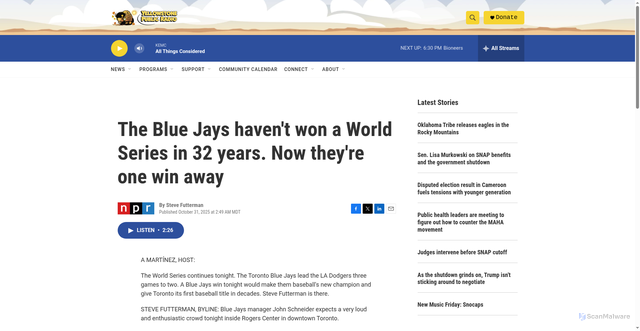 Security scan screenshot of https://www.ypradio.org/2025-10-31/the-blue-jays-havent-won-a-world-series-in-32-years-now-theyre-one-win-away