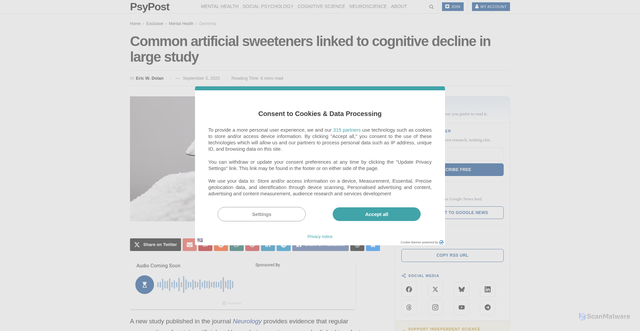 Security scan screenshot of https://www.psypost.org/common-artificial-sweeteners-linked-to-cognitive-decline-in-large-study/